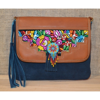 Torebka ze skóry etno w granatowym kolorze  z koralikami mullo .